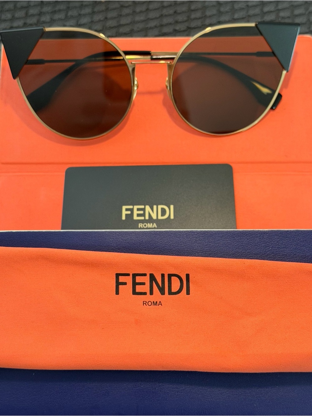Fendi Black & Gold Round Sunglasses with Brown Lenses